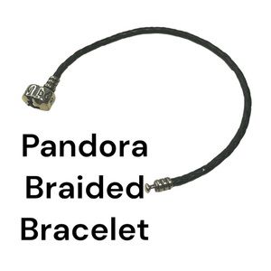 Pandora silver logo charm bracelet black leather cord